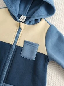 SHEIN 3件組新生兒男嬰秋冬休閒可愛針織拼色連帽連身衣套裝，多件式嬰兒連身衣套裝 - 彩色 - 查看 4