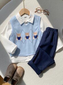 SHEIN 3件組兒童小男孩秋冬校園風可愛卡通熊圖案背心、長袖白色襯衫、長褲套裝，外套套裝，校服套裝，男孩服飾，返校季 - 彩色 - 查看 5