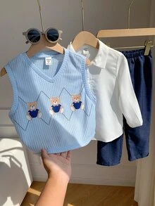 SHEIN 3件組兒童小男孩秋冬校園風可愛卡通熊圖案背心、長袖白色襯衫、長褲套裝，外套套裝，校服套裝，男孩服飾，返校季 - 彩色 - 查看 7