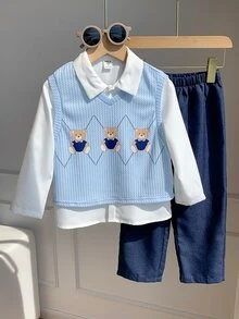 SHEIN 3件組兒童小男孩秋冬校園風可愛卡通熊圖案背心、長袖白色襯衫、長褲套裝，外套套裝，校服套裝，男孩服飾，返校季 - 彩色 - 查看 6