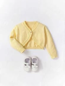 Baby Girl Casual Solid Color Single-Breasted Long Sleeve Autumn Cardigan - Yellow - View 2