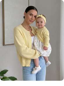 Baby Girl Casual Solid Color Single-Breasted Long Sleeve Autumn Cardigan - Yellow - View 4