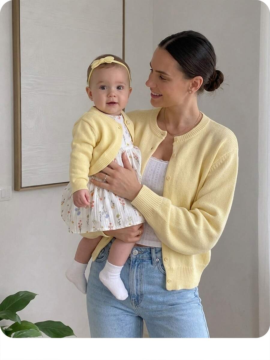 Baby Girl Casual Solid Color Single-Breasted Long Sleeve Autumn Cardigan - Yellow - View 1