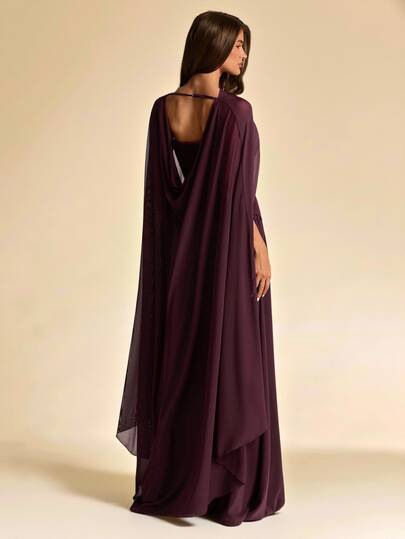 SHEIN BAE Spring/Summer Deep Brown Cape Mesh Cover-Up Dress With Cinched Waist Long Length / Elegant & Sophisticated Suitable For Weddings, Evening Parties, Formal Occasions, Mature Style Gatherings, Birthday Parties