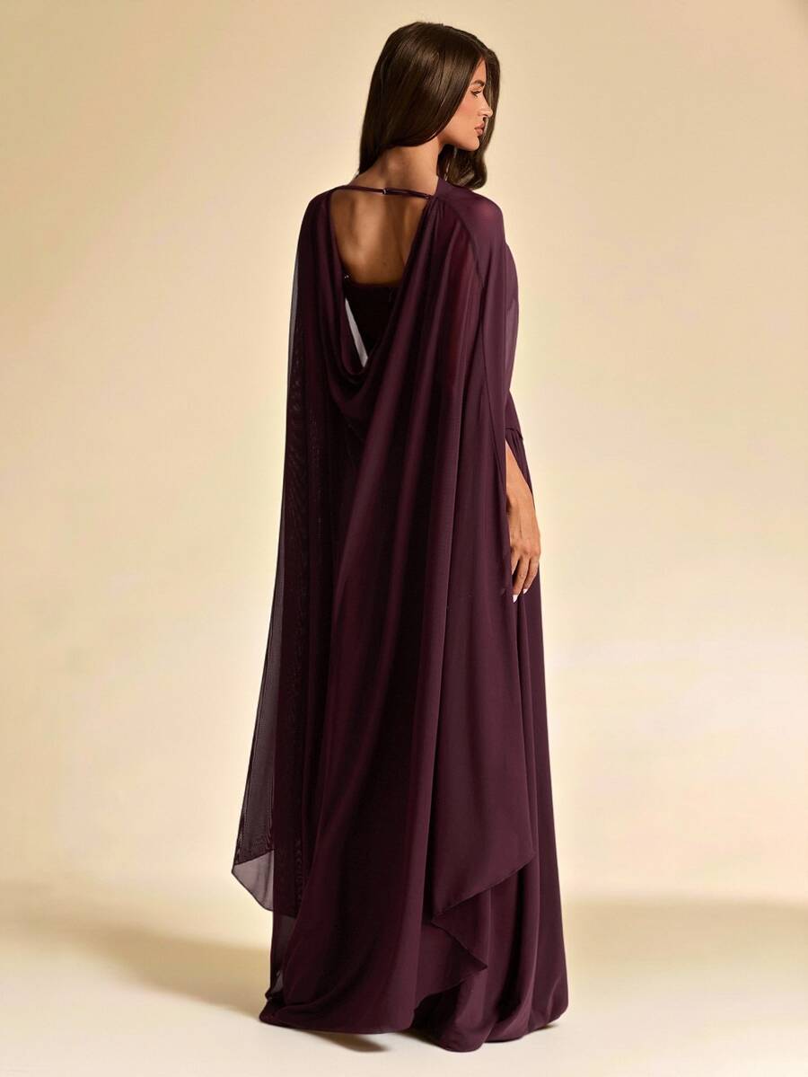 SHEIN BAE فستان شيفون بنفسجي داكن مكشوف الكتفين وظهر مفتوح وأكمام كيب لموسم الخريف والشتاء، طقم مناسب لعيد الشكر والكريسماس ورأس السنة والسهرات وحفلات الزفاف للضيوف - بني - مشاهدة 1