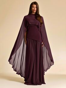 SHEIN BAE فستان شيفون بنفسجي داكن مكشوف الكتفين وظهر مفتوح وأكمام كيب لموسم الخريف والشتاء، طقم مناسب لعيد الشكر والكريسماس ورأس السنة والسهرات وحفلات الزفاف للضيوف - بني - مشاهدة 4