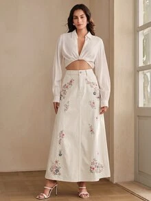Anewsta 女款新款時尚夏季重工刺繡修身開衩裙 - 白色 - 查看 6