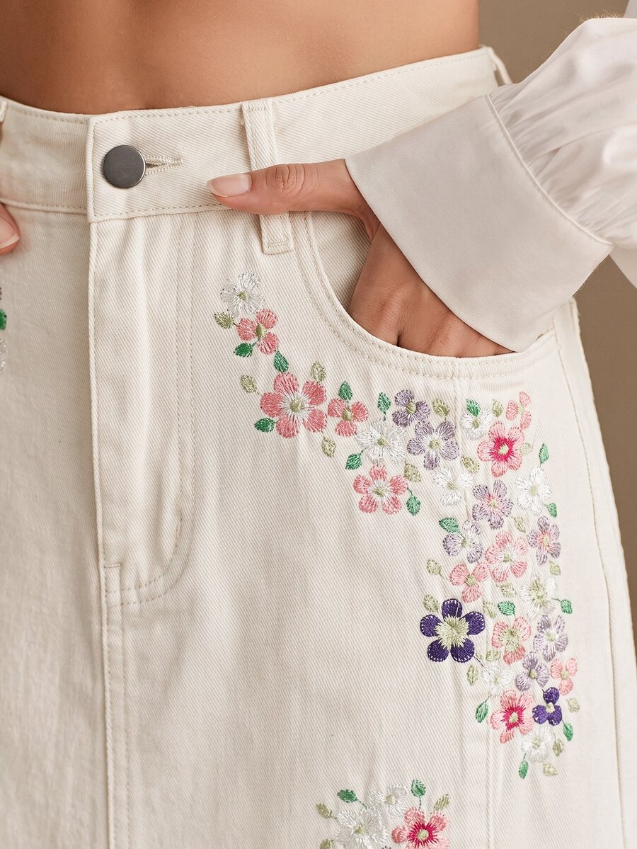 Anewsta 女款新款時尚夏季重工刺繡修身開衩裙 - 白色 - 查看 1