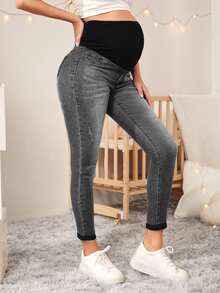 SHEIN 孕婦休閒百搭口袋修身九分牛仔褲 - 深灰色 - 查看 6