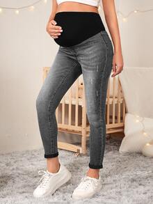 SHEIN 孕婦休閒百搭口袋修身九分牛仔褲 - 深灰色 - 查看 4