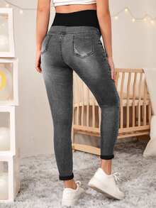 SHEIN 孕婦休閒百搭口袋修身九分牛仔褲 - 深灰色 - 查看 2