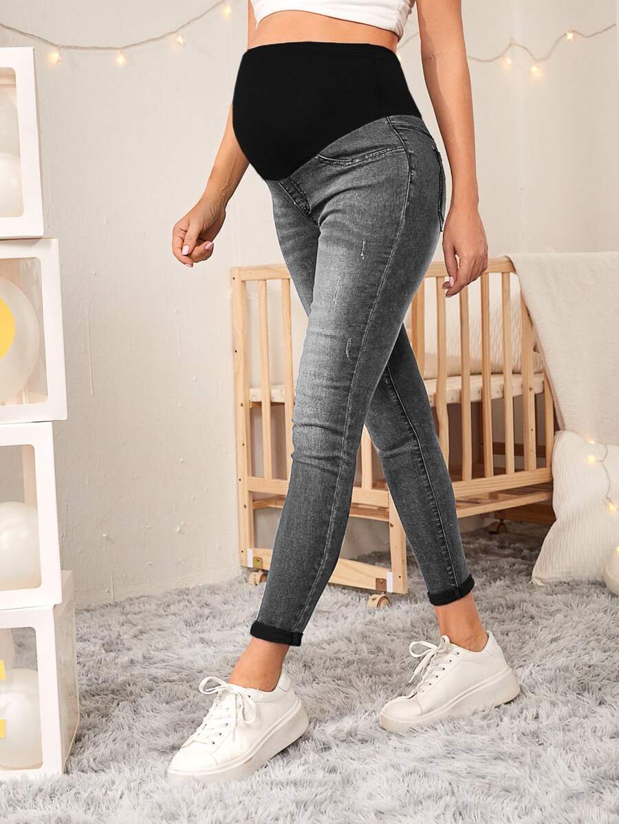 SHEIN 孕婦休閒百搭口袋修身九分牛仔褲 - 深灰色 - 查看 1