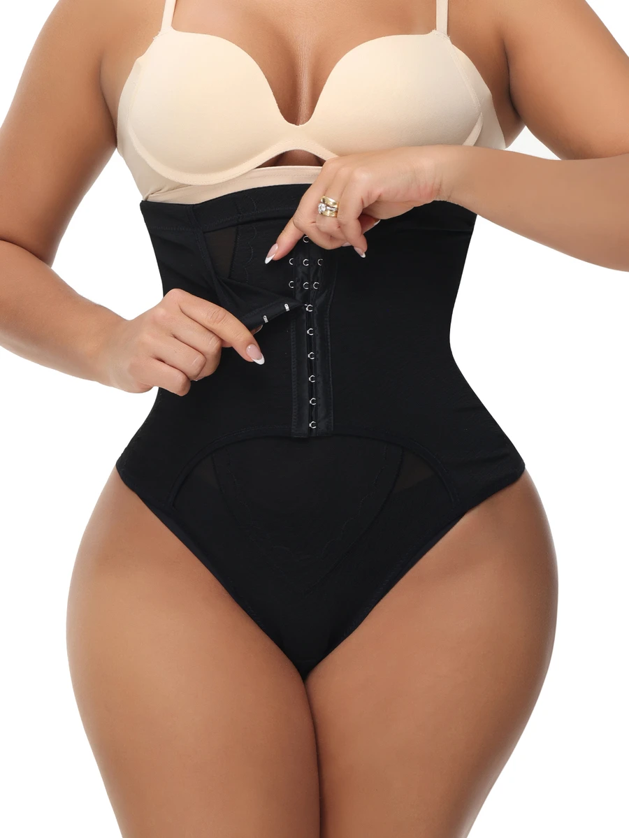 SHEIN 高腰束腹丁字褲,帶有扣環閉合 - 黑色 - 查看 1