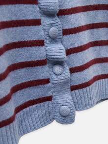 Nöista Striped Knit Cardigan Blue & Burgundy, Crew Neck, Ruffle Button Placket, Ruffled Cuffs.Chic,Back To School. Office, Weekend, Fall, Autumn Winter. - Green - View 9