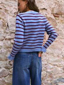 Nöista Striped Knit Cardigan Blue & Burgundy, Crew Neck, Ruffle Button Placket, Ruffled Cuffs.Chic,Back To School. Office, Weekend, Fall, Autumn Winter. - Green - View 6