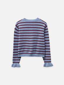 Nöista Striped Knit Cardigan Blue & Burgundy, Crew Neck, Ruffle Button Placket, Ruffled Cuffs.Chic,Back To School. Office, Weekend, Fall, Autumn Winter. - Green - View 8