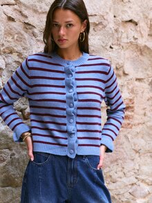 Nöista Striped Knit Cardigan Blue & Burgundy, Crew Neck, Ruffle Button Placket, Ruffled Cuffs.Chic,Back To School. Office, Weekend, Fall, Autumn Winter. - Green - View 1