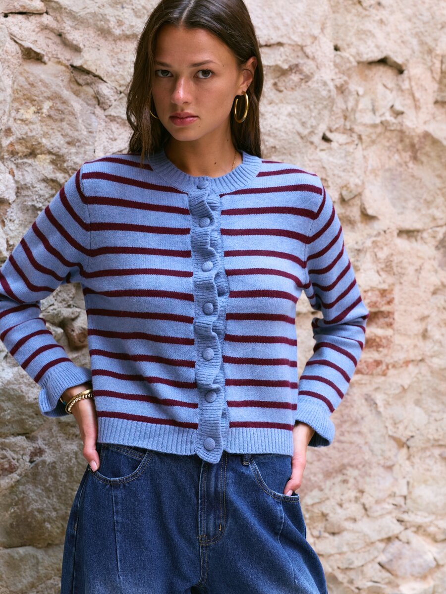 Nöista Striped Knit Cardigan Blue & Burgundy, Crew Neck, Ruffle Button Placket, Ruffled Cuffs.Chic,Back To School. Office, Weekend, Fall, Autumn Winter. - Green - View 1