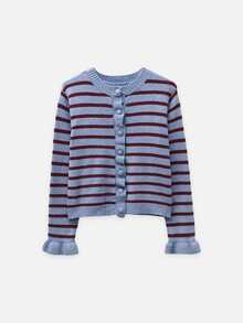 Nöista Striped Knit Cardigan Blue & Burgundy, Crew Neck, Ruffle Button Placket, Ruffled Cuffs.Chic,Back To School. Office, Weekend, Fall, Autumn Winter. - Green - View 7