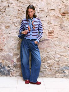 Nöista Striped Knit Cardigan Blue & Burgundy, Crew Neck, Ruffle Button Placket, Ruffled Cuffs.Chic,Back To School. Office, Weekend, Fall, Autumn Winter. - Green - View 4