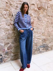 Nöista Striped Knit Cardigan Blue & Burgundy, Crew Neck, Ruffle Button Placket, Ruffled Cuffs.Chic,Back To School. Office, Weekend, Fall, Autumn Winter. - Green - View 3