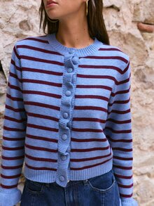 Nöista Striped Knit Cardigan Blue & Burgundy, Crew Neck, Ruffle Button Placket, Ruffled Cuffs.Chic,Back To School. Office, Weekend, Fall, Autumn Winter. - Green - View 2