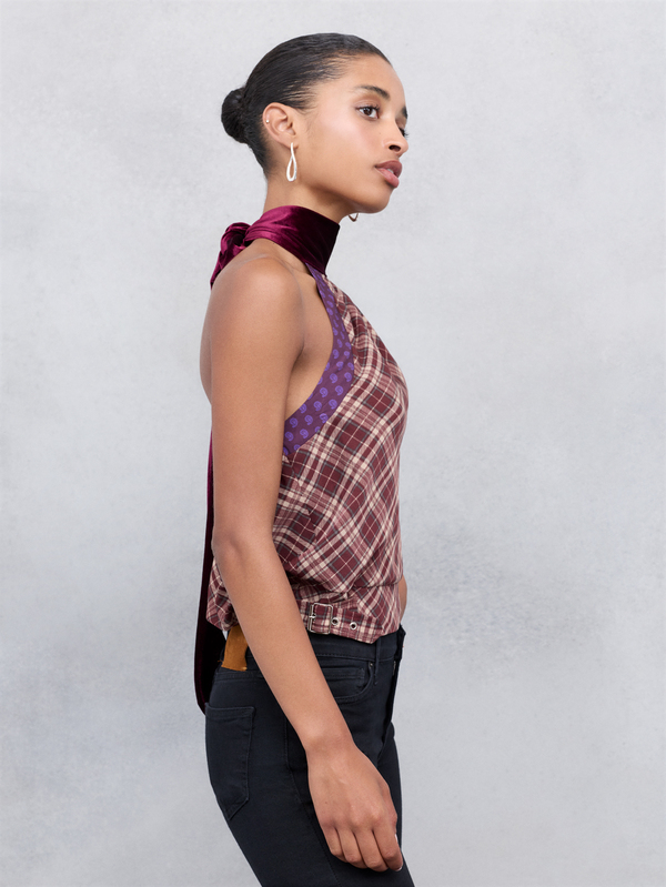 Nöista Burgundy Plaid Halter Top With Fitted Silhouette. Fall, Party, Going Out And Chic Style.