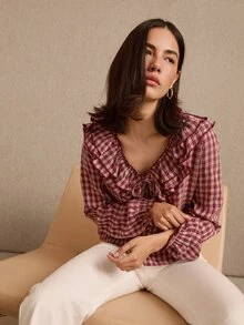 lacRébo Blus Kotak-kotak Burgundy dengan Leher Bulat, Rumbai Lebar, dan Lengan Panjang Mengembang Bergaya Vintage - Burgundy - View 1