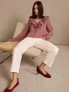 lacRébo Blus Kotak-kotak Burgundy dengan Leher Bulat, Rumbai Lebar, dan Lengan Panjang Mengembang Bergaya Vintage - Burgundy - View 3
