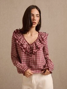 lacRébo Blus Kotak-kotak Burgundy dengan Leher Bulat, Rumbai Lebar, dan Lengan Panjang Mengembang Bergaya Vintage - Burgundy - View 5