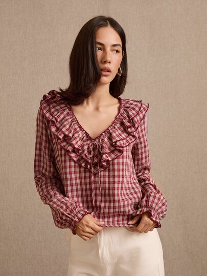 lacRébo Blus Kotak-kotak Burgundy dengan Leher Bulat, Rumbai Lebar, dan Lengan Panjang Mengembang Bergaya Vintage