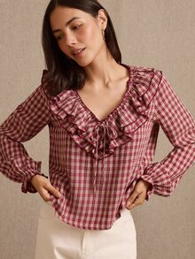 lacRébo Blus Kotak-kotak Burgundy dengan Leher Bulat, Rumbai Lebar, dan Lengan Panjang Mengembang Bergaya Vintage - Burgundy - View 4