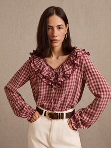 lacRébo Blus Kotak-kotak Burgundy dengan Leher Bulat, Rumbai Lebar, dan Lengan Panjang Mengembang Bergaya Vintage - Burgundy - View 7