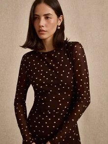 lacRébo 棕色網格波點長袖修身中長洋裝，船領設計，浪漫風格，春夏款 - 棕色 - 查看 1