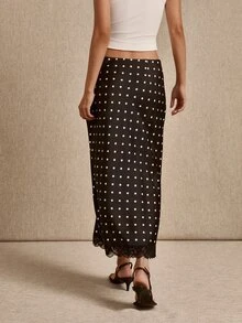 lacRébo Black Satin Polka Dot Midi Skirt With Lace Trim Hem, Elegant Style, Spring Summer - Black - View 2