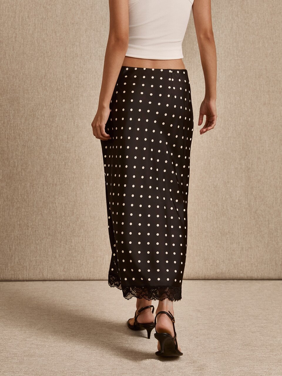 Black Satin Polka Dot Midi Skirt With Lace Trim Hem, Elegant Style, Spring Summer