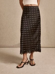 lacRébo Black Satin Polka Dot Midi Skirt With Lace Trim Hem, Elegant Style, Spring Summer - Black - View 3