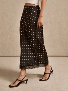 lacRébo Black Satin Polka Dot Midi Skirt With Lace Trim Hem, Elegant Style, Spring Summer - Black - View 4