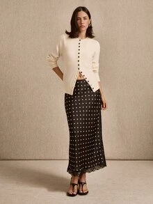 lacRébo Black Satin Polka Dot Midi Skirt With Lace Trim Hem, Elegant Style, Spring Summer - Black - View 6