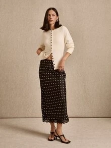 lacRébo Black Satin Polka Dot Midi Skirt With Lace Trim Hem, Elegant Style, Spring Summer - Black - View 1