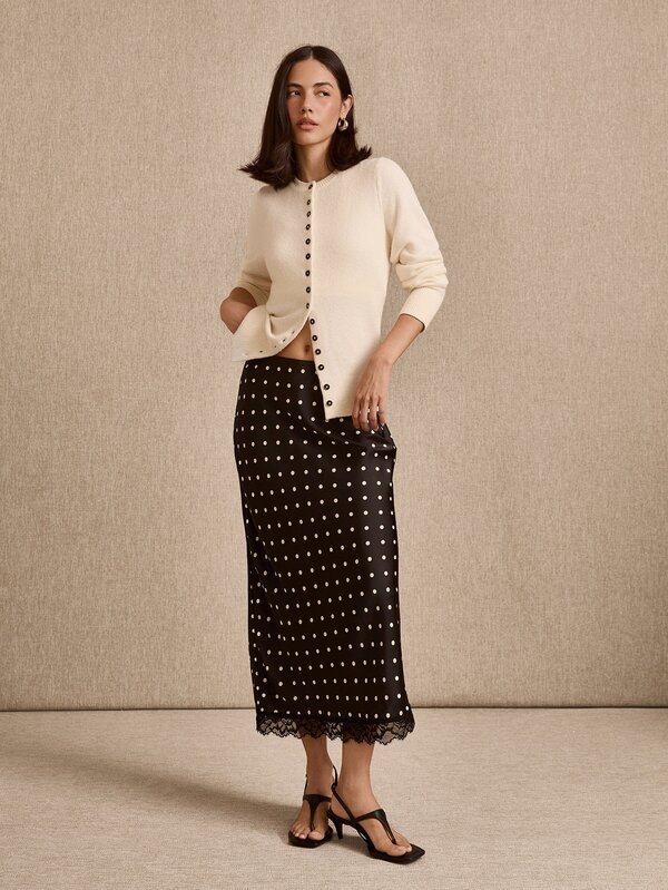 lacRébo Black Satin Polka Dot Midi Skirt With Lace Trim Hem, Elegant Style, Spring Summer