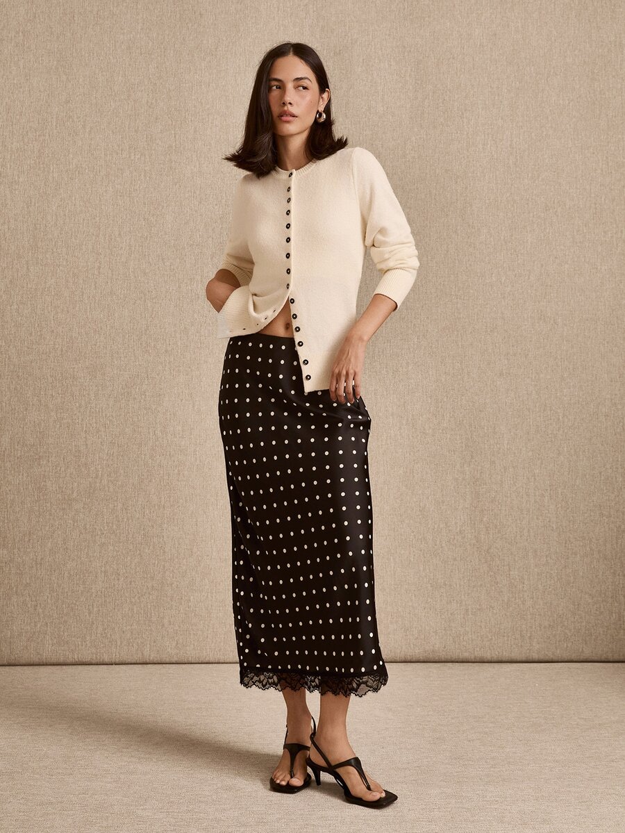 lacRébo Black Satin Polka Dot Midi Skirt With Lace Trim Hem, Elegant Style, Spring Summer - Black - View 1