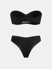 lacRébo Delicate Black Lingerie Set With A Padded Strapless Balconette Bra And Matching Tanga Sexy Chic - Black - View 7