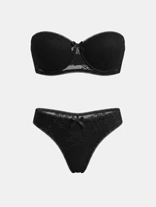 lacRébo Delicate Black Lingerie Set With A Padded Strapless Balconette Bra And Matching Tanga Sexy Chic - Black - View 6