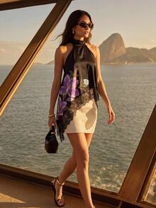 CAJUNI Top halter sexy para mujer con estampado floral, patchwork de encaje y bajo asimétrico - Multicolor - Ver 6