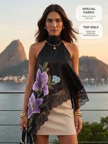 CAJUNI Top halter sexy para mujer con estampado floral, patchwork de encaje y bajo asimétrico - Multicolor - Ver 2