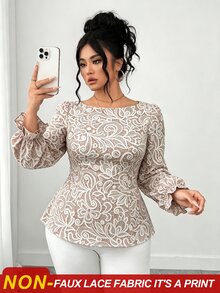 Elenzga 大尺碼女款優雅收腰長袖蕾絲飾邊繫帶前襟杏色花卉印花襯衫，適合日常通勤、外出、約會、聚會、度假等多種場合 - 白色 - 查看 7