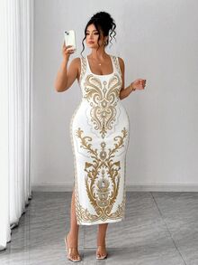 Elenzga 大尺碼女款時尚優雅熱帶花卉印花高開衩背心洋裝，適合春夏、返校、度假、畢業、節日、情人節、聖誕節、音樂節、母親節、萬聖節、感恩節、復活節、國慶日、舞會、生日、約會派對、婚禮季、外出等多種場合 - 彩色 - 查看 5