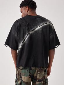 ROMWE MEN Essentials Men's Street Dark Patchwork Ripped Spray Painted T-Shirt - Black - View 3