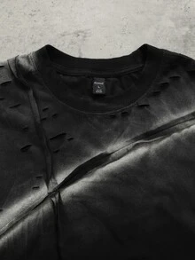 ROMWE MEN Essentials Men's Street Dark Patchwork Ripped Spray Painted T-Shirt - Black - View 4